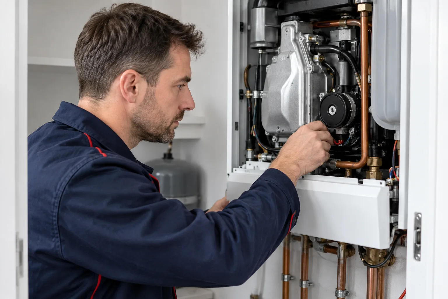 Viessmann Kombi Servisi için kombi cihazını kontrol eden teknisyen; temsili görsel